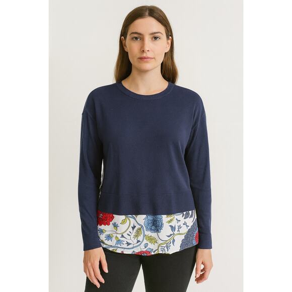 NWT LOFT Floral Semi Sheer Knit Top Sweater Navy Blue Small Fall Botanical Chic - Picture 1 of 5